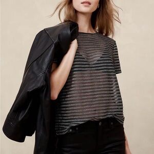 Lurex Banana Republic Factory Sheer Sparkly Black and Silver Sheer Striped Tee